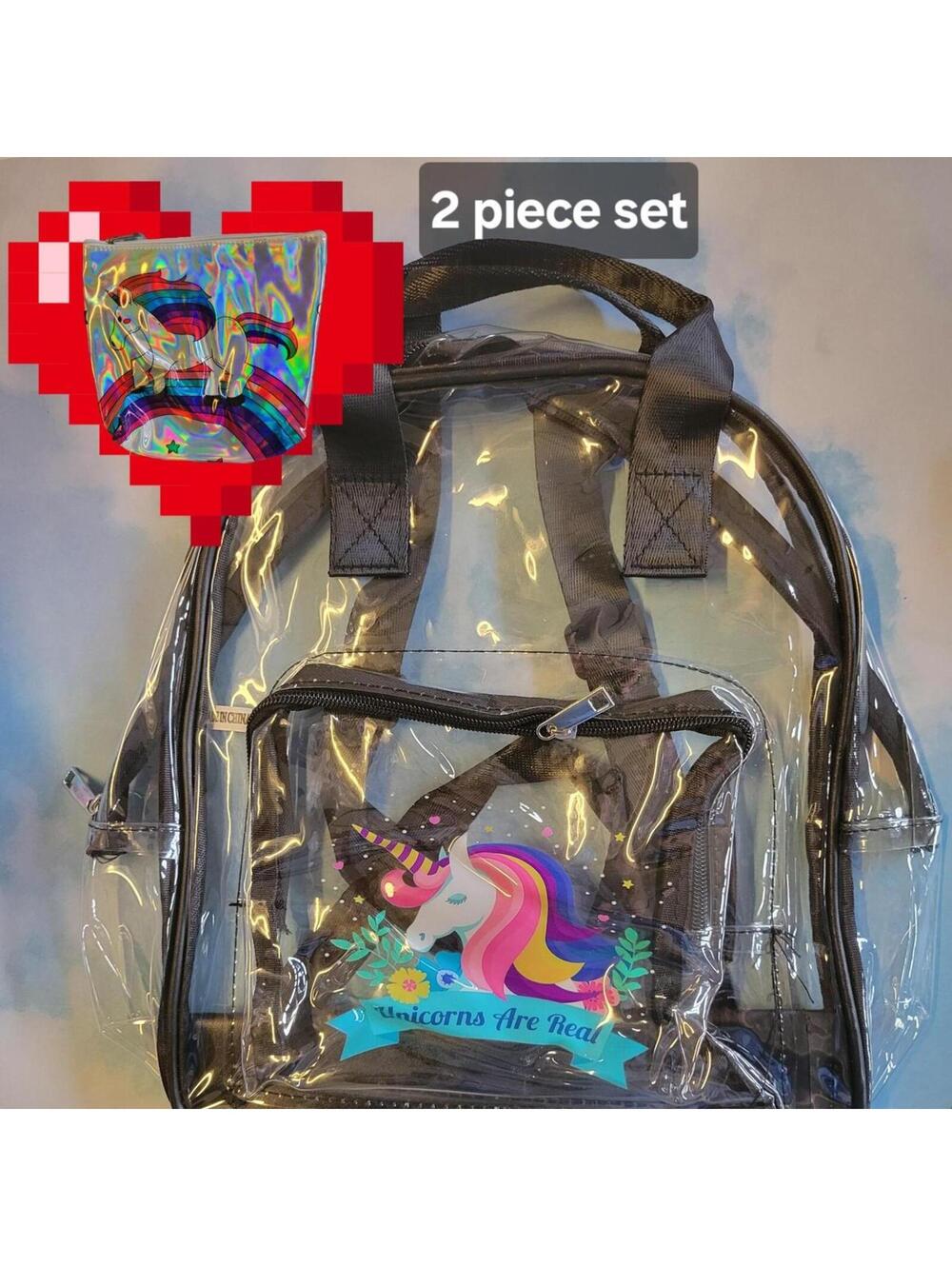 Clear unicorn backpack with adjustable straps and pearlescent pen bag